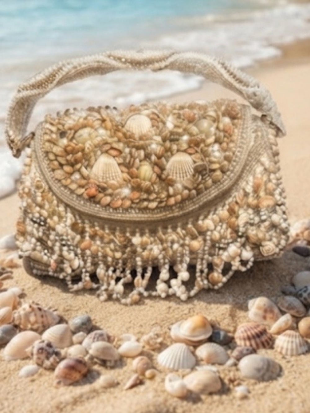 Beige Seashell Embellished Handbag - Women Bags